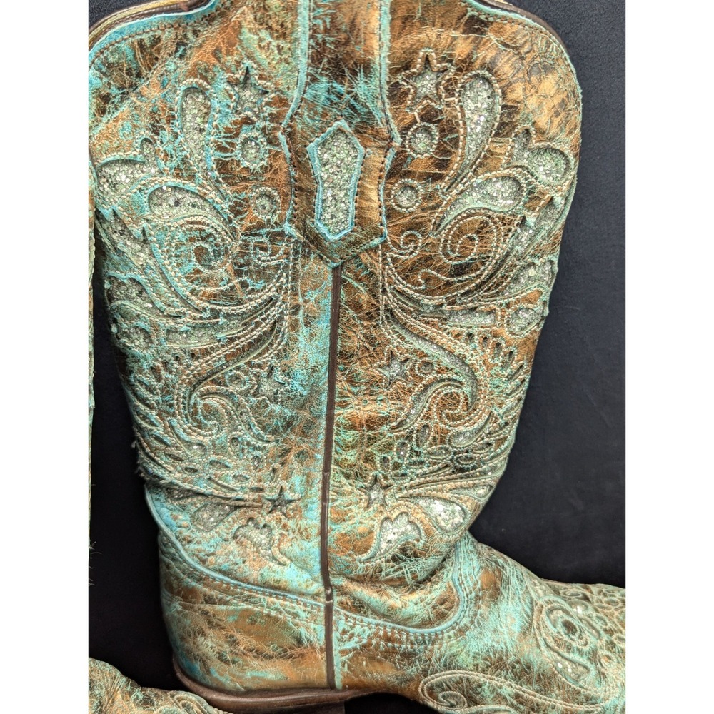 Corral Boots 7.5M Pointed Snip Toe Women Bronze/Turquoise Engraved Glitter Inlay - Picture 9 of 16